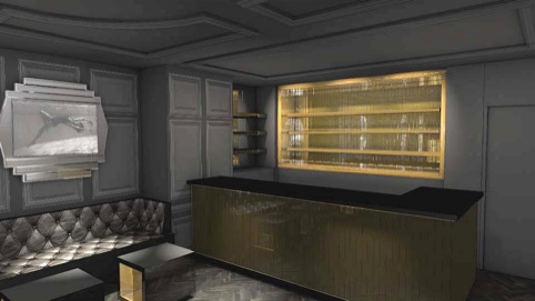 A render of the space showing the gold-lit bar area