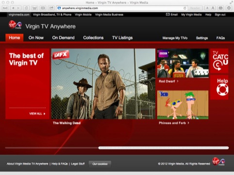 Virgin TV Anywhere homepage