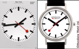 Left: Apple's use of the design in its IOS 6.0 operating system. Right: The Mondaine clock-face