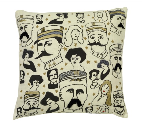 Cushion with moustachioed men design