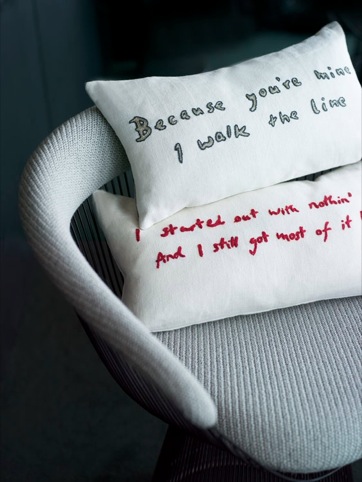 Lyrics from Johnny Cash and Seasick Steve songs used to decorate cushions