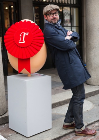 Dom Bailey with Baxter and Bailey's Eggsistentialism egg