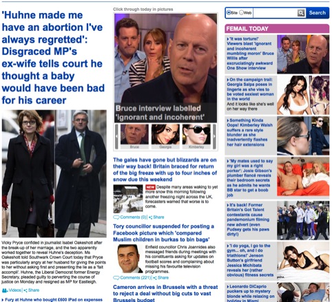 The Daily Mail's three-column homepage, featuring the 'sidebar of shame'