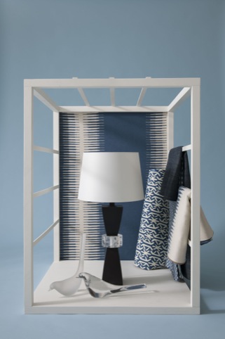 Crystal Cuff lamp by Baker, Rinca wallpaper by Thibaut at Jacaranda, Idaho carpets by Boussac at Pierre Frey, Parker Jute Herringbone fabric by Schumacher at Turnell and Gigon, Kazan fabric by Manuel Canovas at Colefax and Fowler, Oggetti birds by Reflex