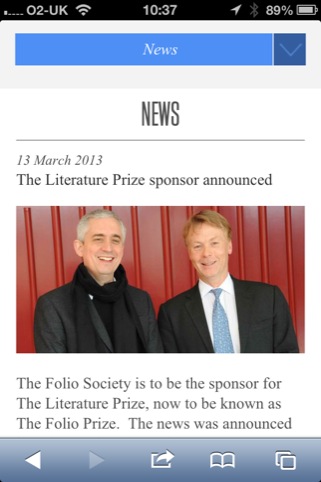 The Folio Prize mobile site news page