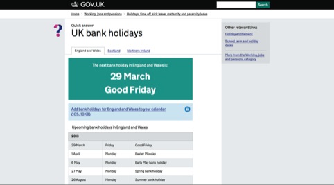 The Gov.uk Bank Holiday page. An earlier version of this page, which used pink, made Margaret Calvert 'feel sick'