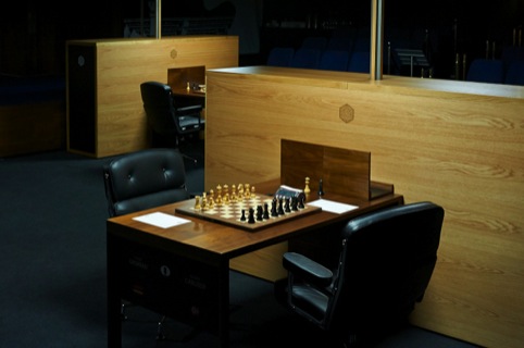 A board at the World Chess London Candidates Tournament, with environmental design by Daniel Weil