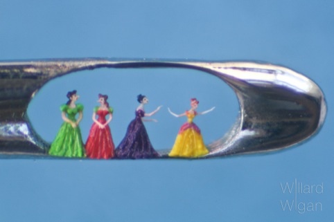 Four glamourous ladies in the eye of a needle, representing the Cinderella story