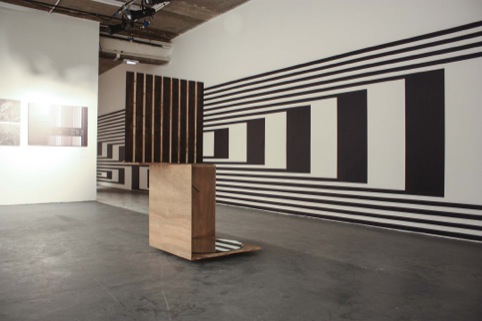 The huge wall graphic, and a stripey installation piece