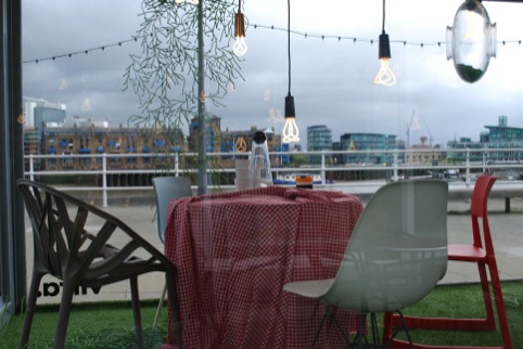 Plumen lightbulbs, table and chairs