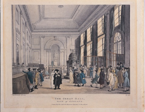 The great Hall, Bank of England by Augustus Pugin and Thomas Rowlandson, published 1 February 1808