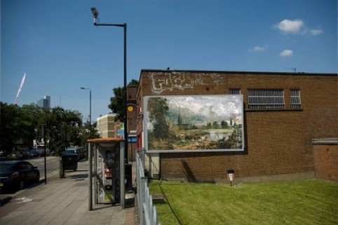 Billboard mock-up showing John Constable's Salisbury Cathedral from the Meadows c1829