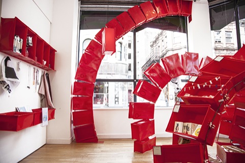 Red Chinese-inspired display arcs in the Poundshop interior