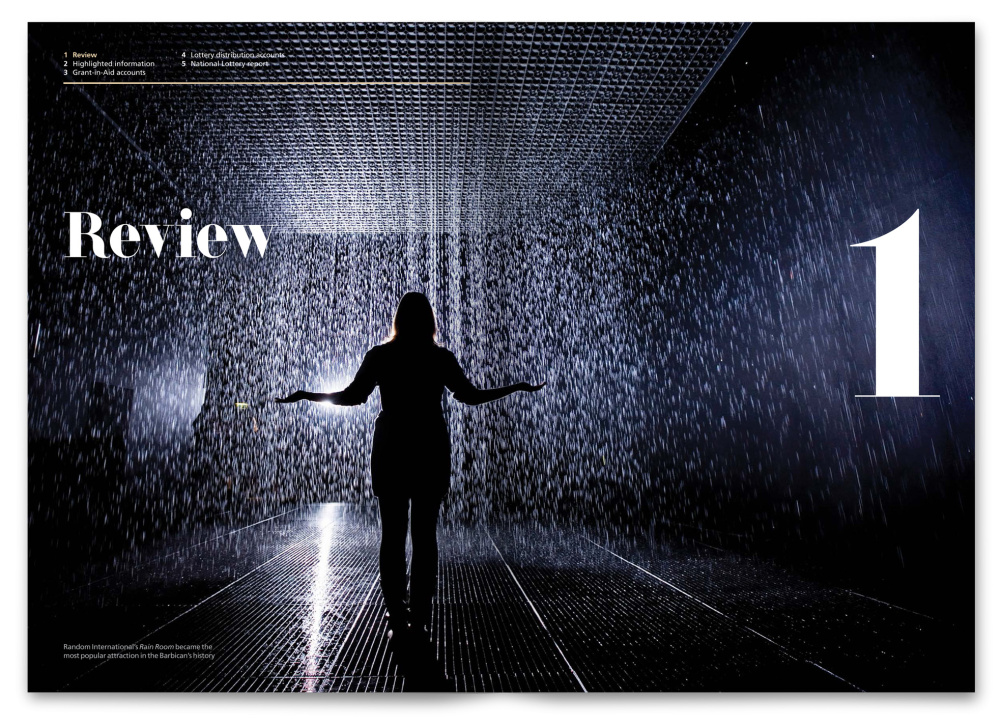 Review title page, showing The Rain Room Barbican installation