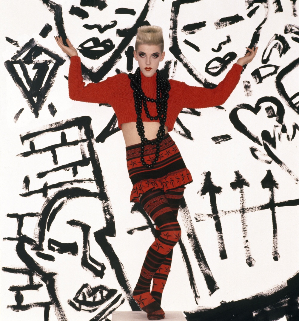 Bodymap, A/W 1984, Cat in the hat takes a rumble with a techno fish. Model: Scarlett Cannon, 1985