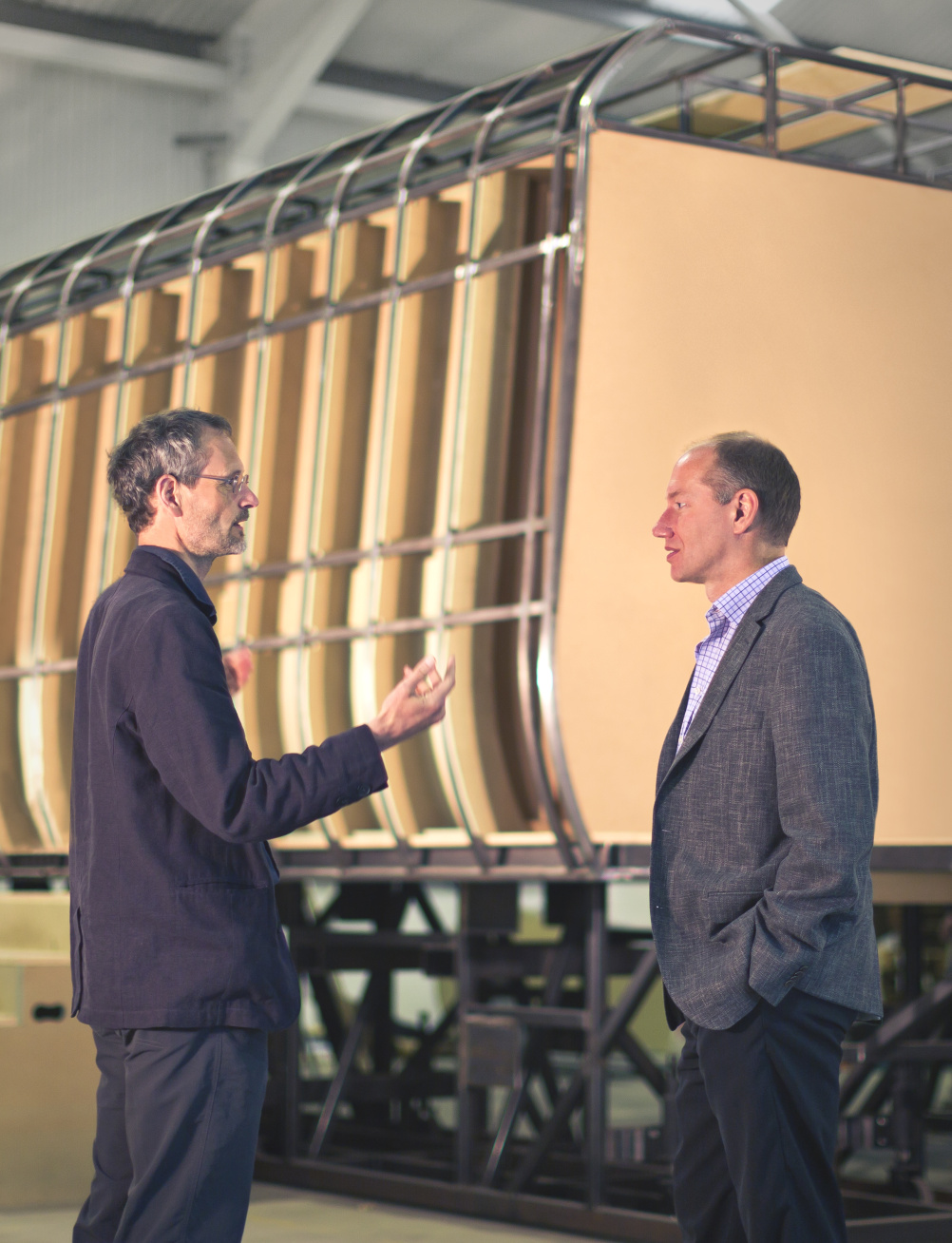 DCA’s technical director Rob Bassil (right) and interior design project manager and transportation sector manager Paul Rutter with the full size mock up currently under construction at DCA’s Warwick premises.