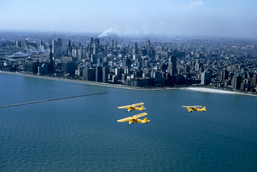 Civil defense planes patrol Chicago in case of atomic attack, May 1956