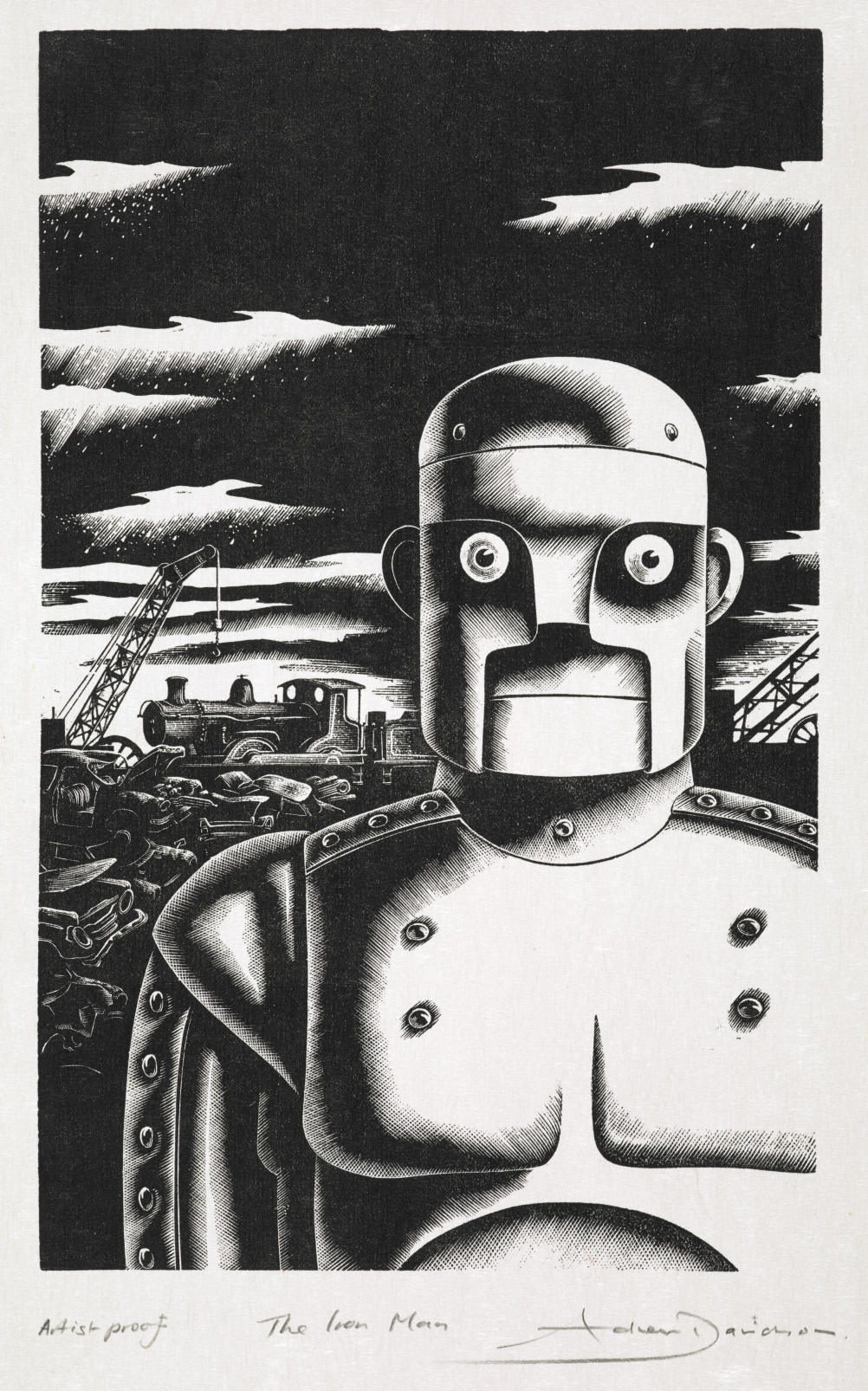 Original artwork from The Iron Man by Ted Hughes. Published by Faber and Faber, 1985. Illustration by Andrew Davidson