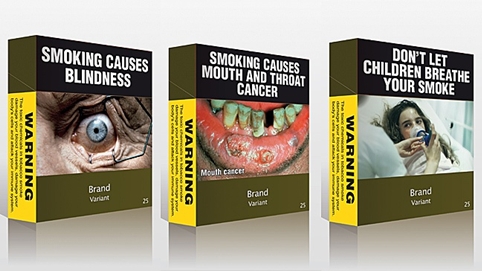 Australian plain cigarette packaging features graphic warnings.