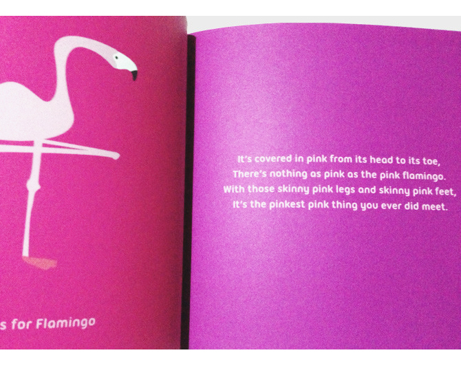 Book spread with flamingo