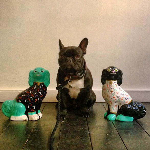 Beach London French bulldog Merv and his ceramic pals