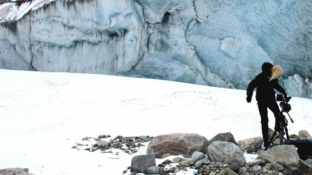 Elizabeth Ogilvie Filming at edge of Greenlandic icecap