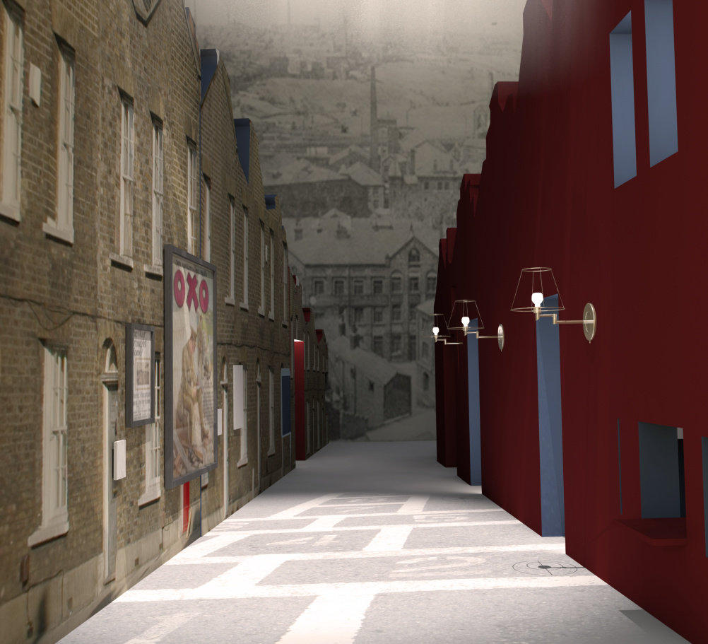 On the Street render showing the perspective of a street view with a 'real'  graphic representation of a typical Manchester street to one side, contrasted with an abstracted colour elevation opposite