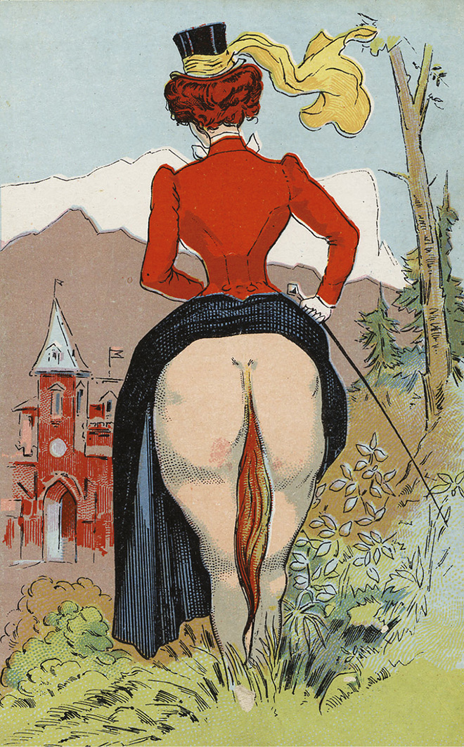 Erotic postcard: Bottom - Horse's or Lady's? Postcard c.1900