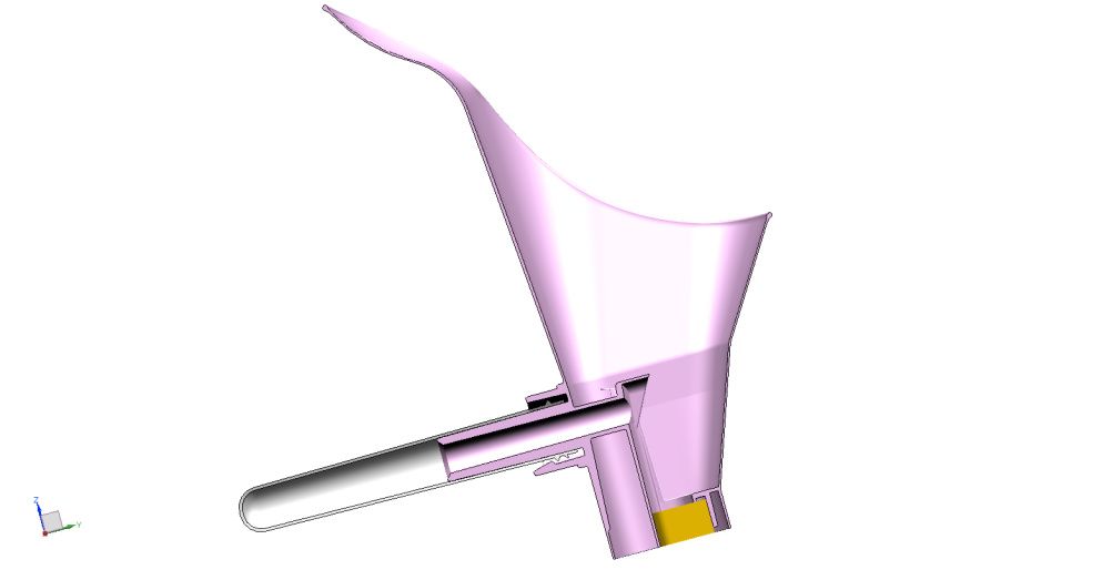 Cutaway showing internal details of the new Peezy, including weir to prevent overflow, and external displacement tube