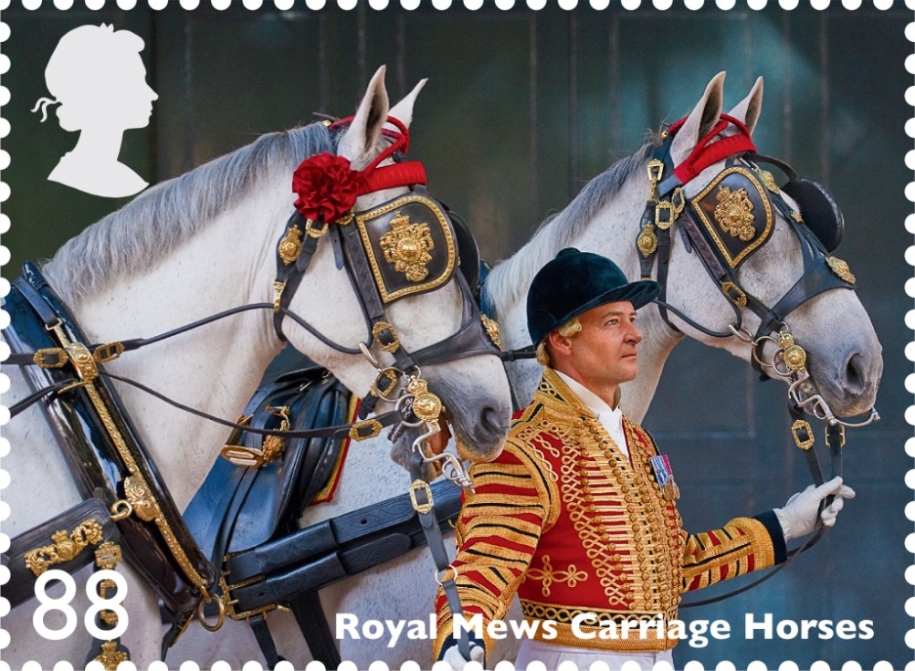 Royal Mews carriage horses feature on this 88p stamp