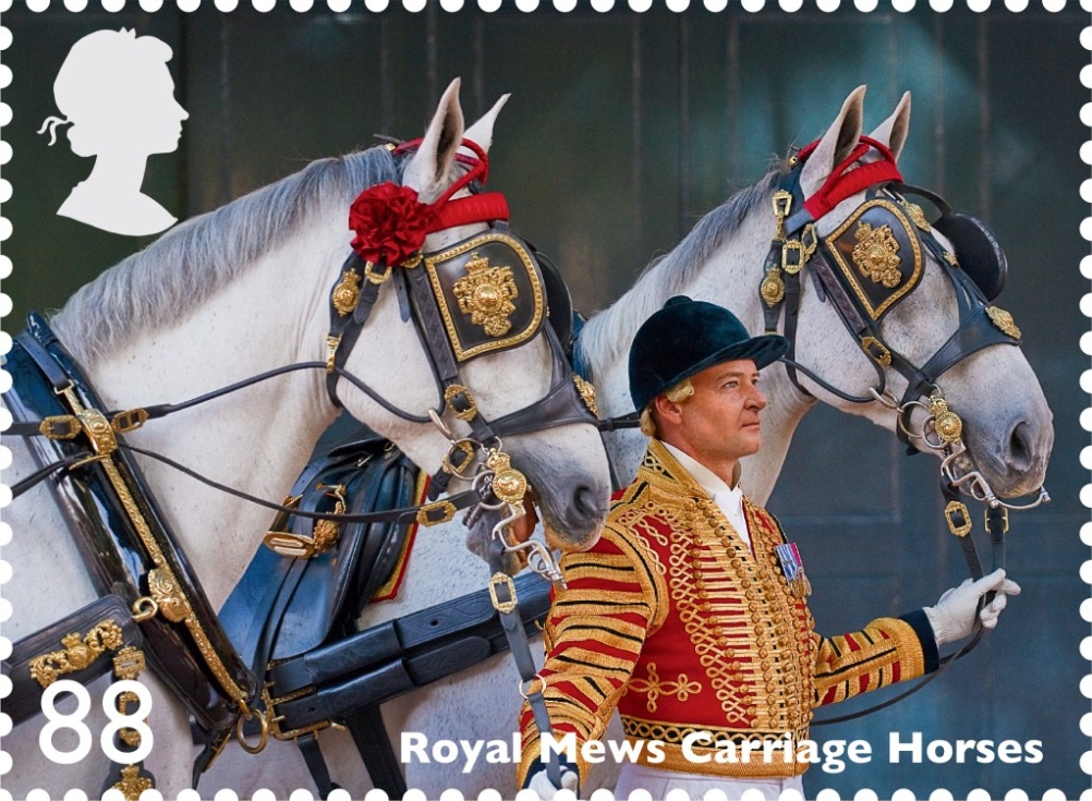 Royal Mews carriage horses feature on this 88p stamp 