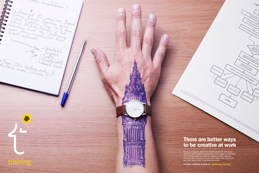 A Big Ben illustration on an office worker's arm