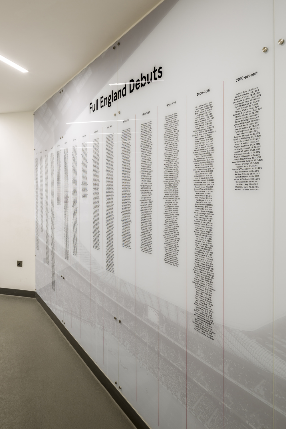 An honours board recognises every player who has turned out for England