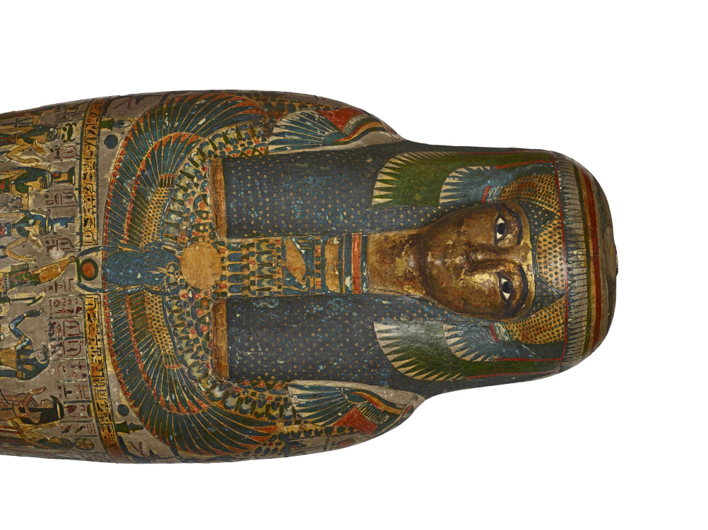 Cartonnage of a priestess, adult, casing with a gilded face, named Tayesmutengebtiu, also called Tamut. Found in Thebes, 22nd Dynasty (c. 900 BC)