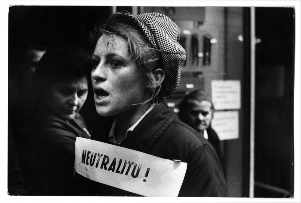 Czechoslovakia. Prague. Czech anti-Russian protestor wears a neutrality placard. (1968)