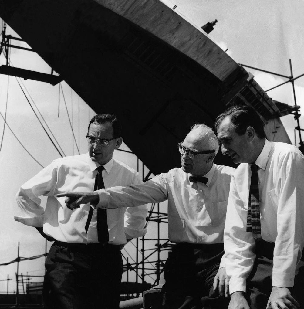 Michael Lewis, Ove Arup and Jack Zunz on site, October 1964