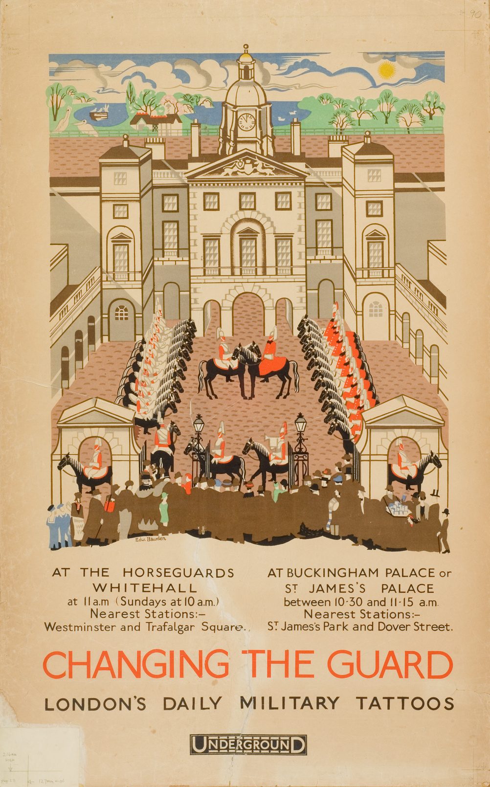 Edward Bawden (1903 – 1989) Changing The Guard: London’s Daily Military Tattoos, 1925, lithograph © The Edward Bawden Estate