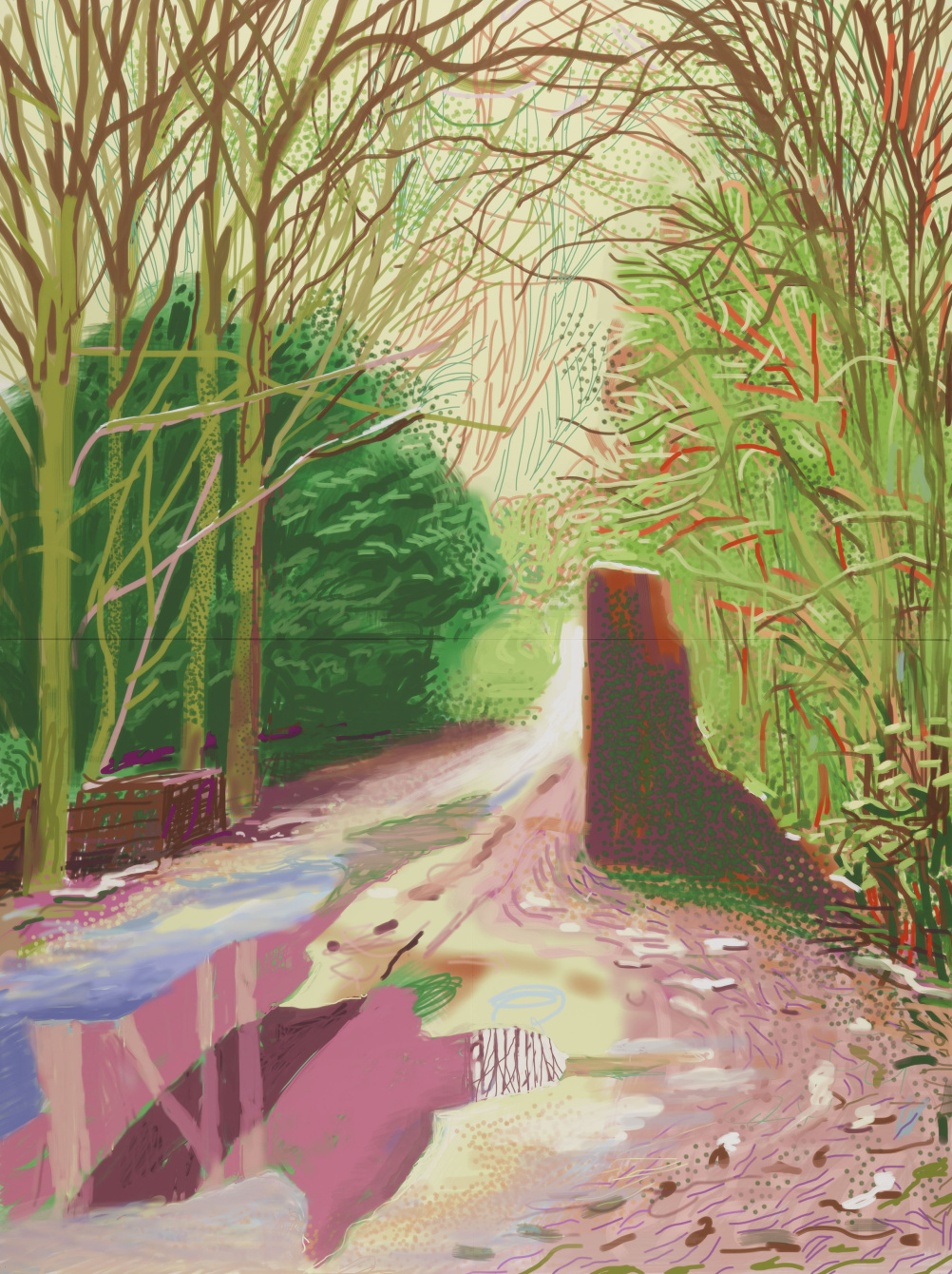 David Hockney  The Arrival of Spring in Woldgate, East Yorkshire in 2011 (twenty eleven) - 2 January 2011 iPad drawing printed on four sheets of paper, mounted on four sheets of dibond, edition 5 of 10