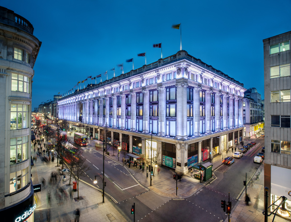 Selfridges London East Corner at night 