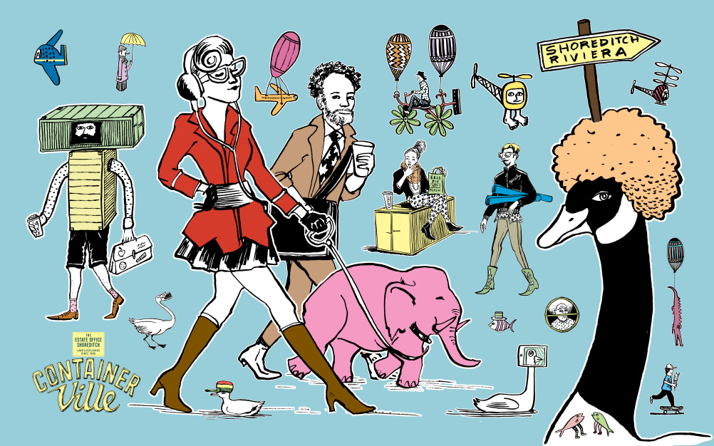 ContainerVille characters - among them, a couple walking a pink elephant