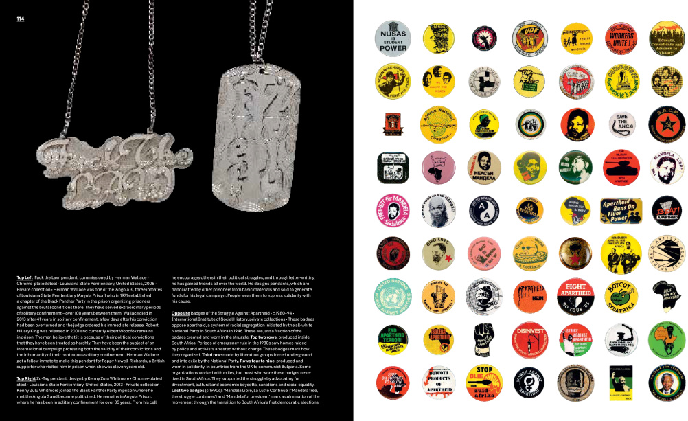 Fuck the Law pendant and badges of the Struggle Against Apartheid, 1980-94