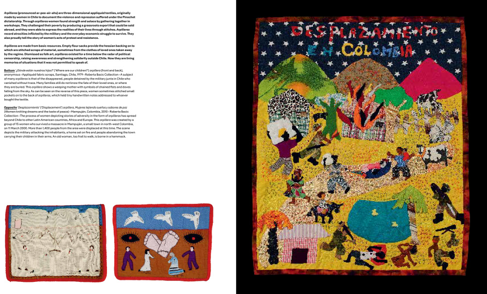 Arpilleras - 3D appliqued textiles made by women in Chile to depict suffering and violence