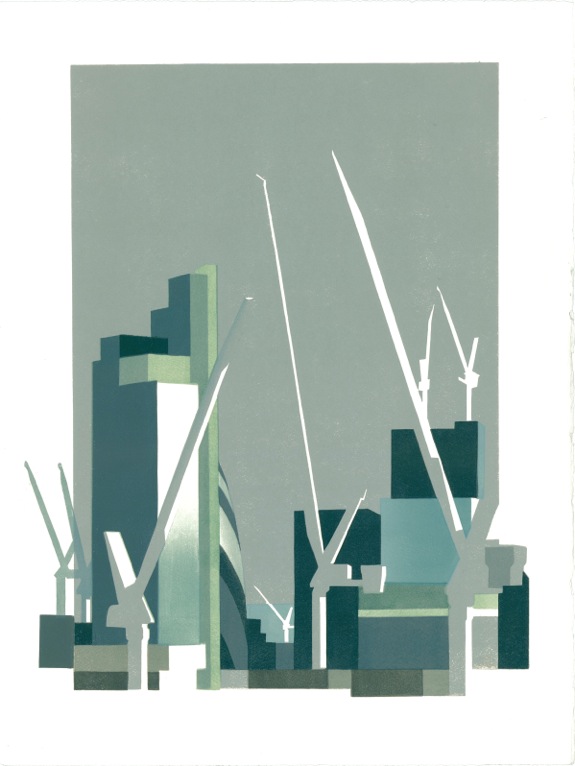 Grey Cranes and City. Linocut 2013. Commissioned by Pinsent Masons