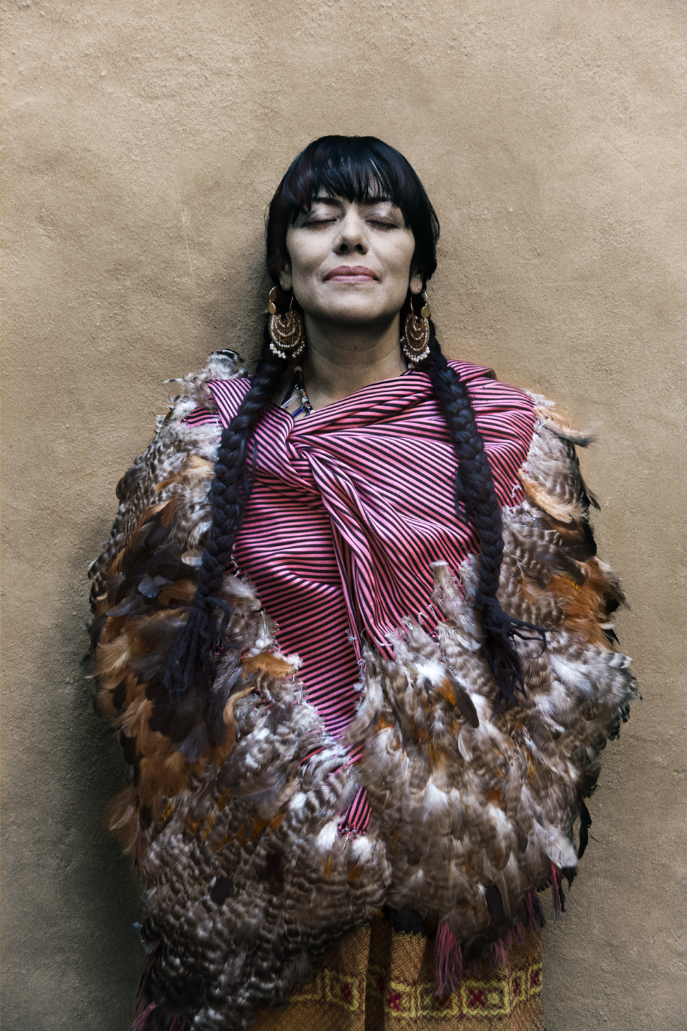 Lila Downs, Grammy award-winning musician, wearing a rebozo de pluma from Ahuiran, Michoacan Antonio Turok, Summer 2013