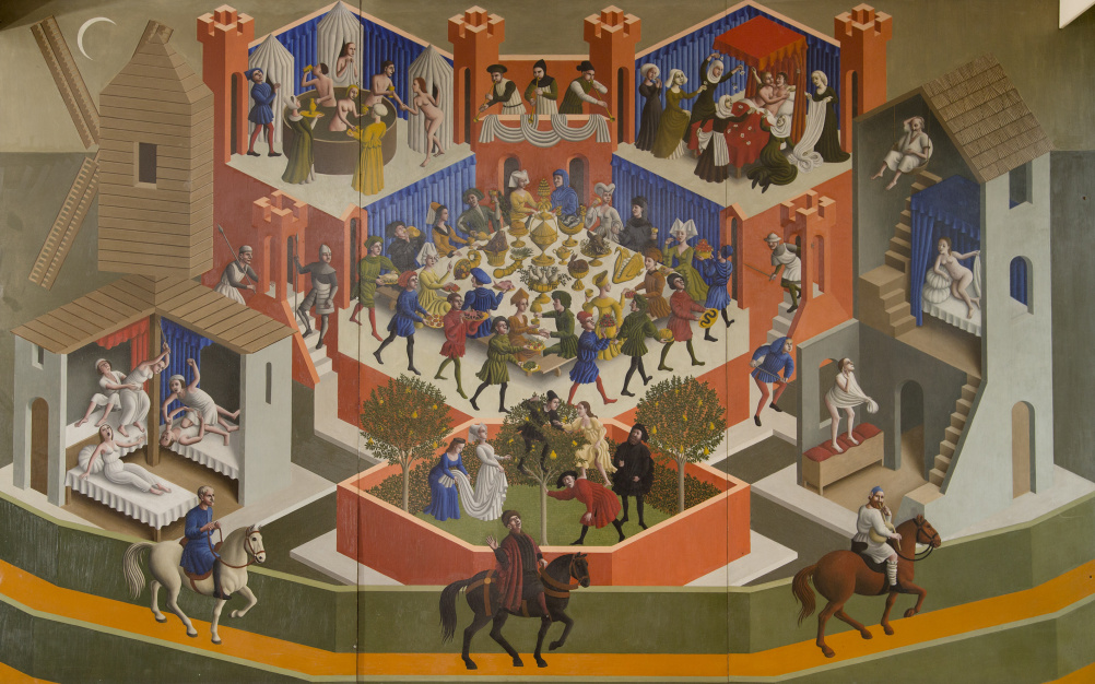 Canterbury Tales (1958-61), mural, oil on wood, by Edward Bawden CBE RA (1903-89)