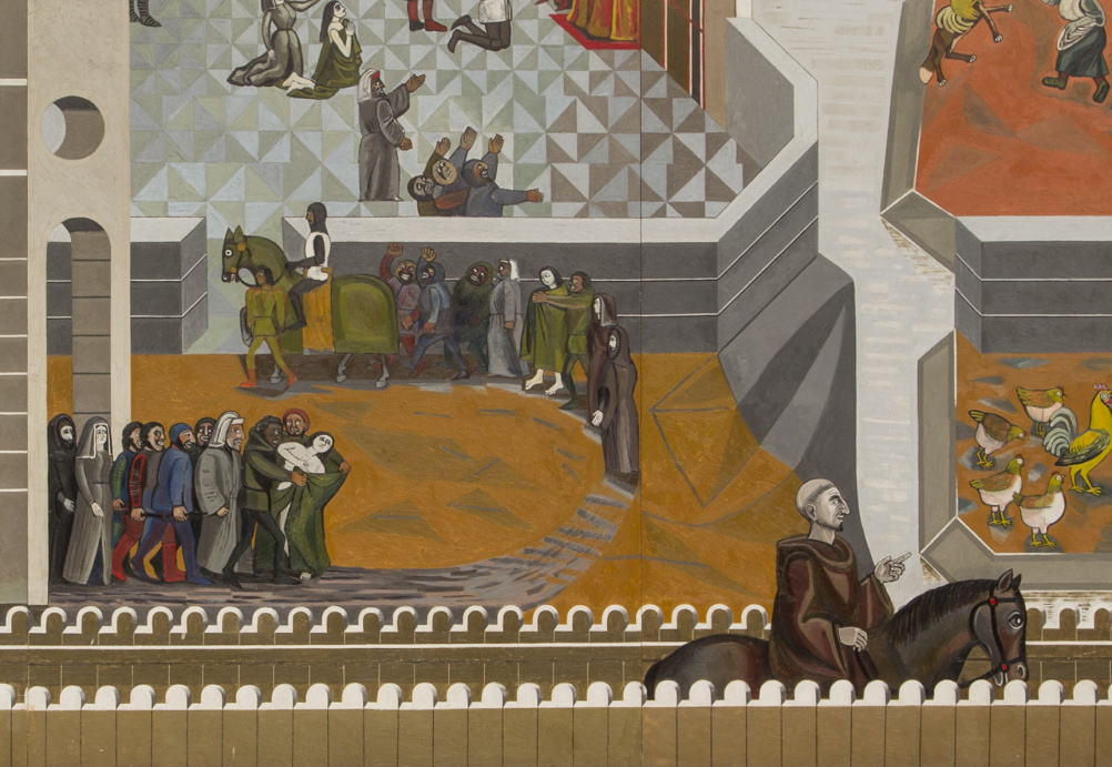 Detail from Canterbury Tales (1958-61), mural, oil on wood, by Edward Bawden CBE RA (1903-89)