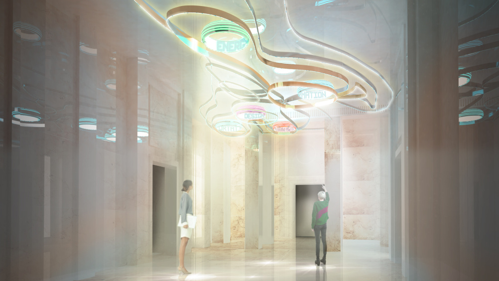 A sculptural installation in the lobby demonstrates the IET's combined disciplines  and responds to visitor movements beneath.