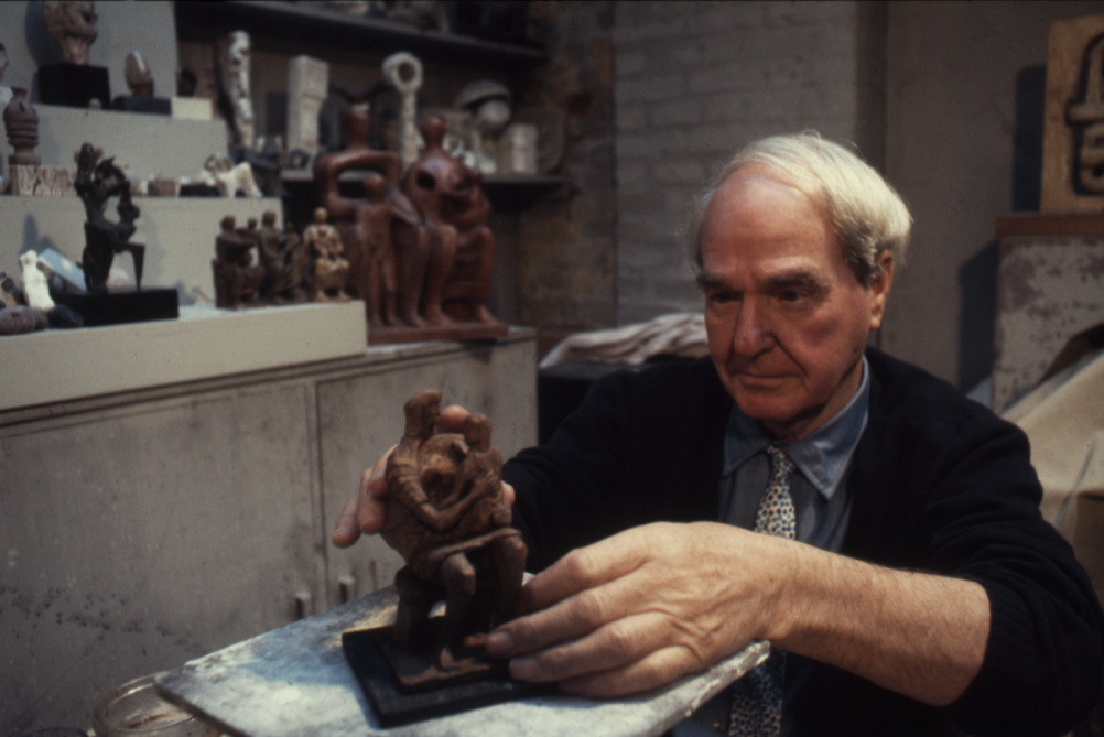 David Farrell, Henry Moore in the studio at Perry Green with 'Mother and Child' maquette.