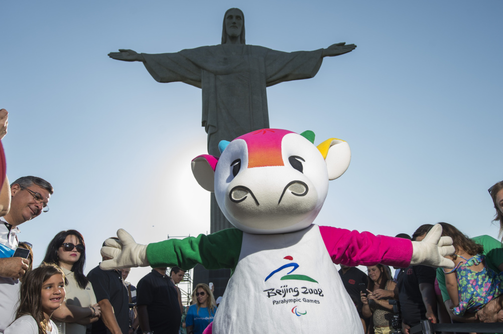 Fu Niu Lele, the 2008 Beijing Paralympics mascot does its best impression of Christ the Redeemer 