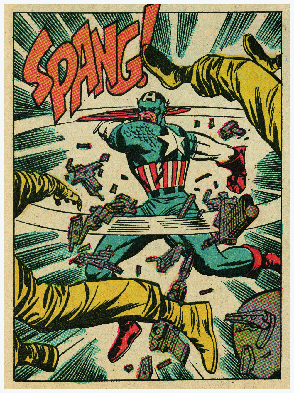 TALES OF SUSPENSE No. 94. Interior, “If This Be MODOK!”; script, Stan Lee; pencils, Jack Kirby; inks, Joe Sinnott; October 1967. Kirby’s explosive action takes center stage in this panel detail. Starting in 1964, Stan Lee and Jack Kirby revived the the or